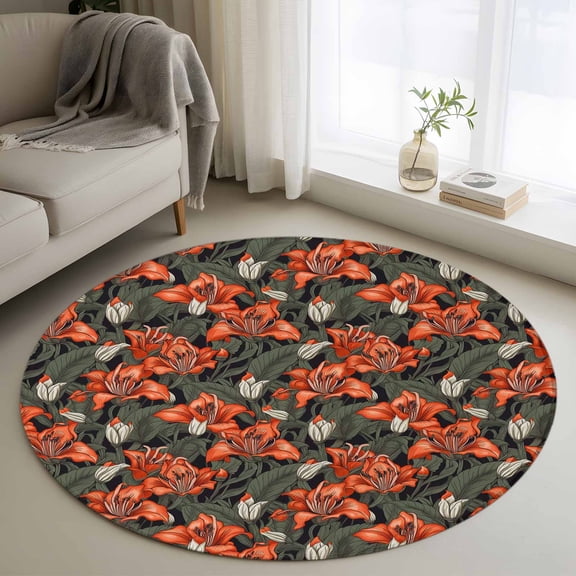 Round Rugs 3.3Ft, Red Flower Round Area Rug Washable Indoor Throw Carpet, Spring Floral Summer Botanical Farmhouse Soft Non Slip Circle Rug for Laundry Room Patio Home Decor Aesthetic
