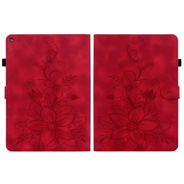 FJLBDE Étui pour Amazon Fire HD 10 7e/9e Gén., 2017/2019, Portefeuille Folio à Rabat en Cuir PU à Motif de Fleur Embossé avec Support, Rouge