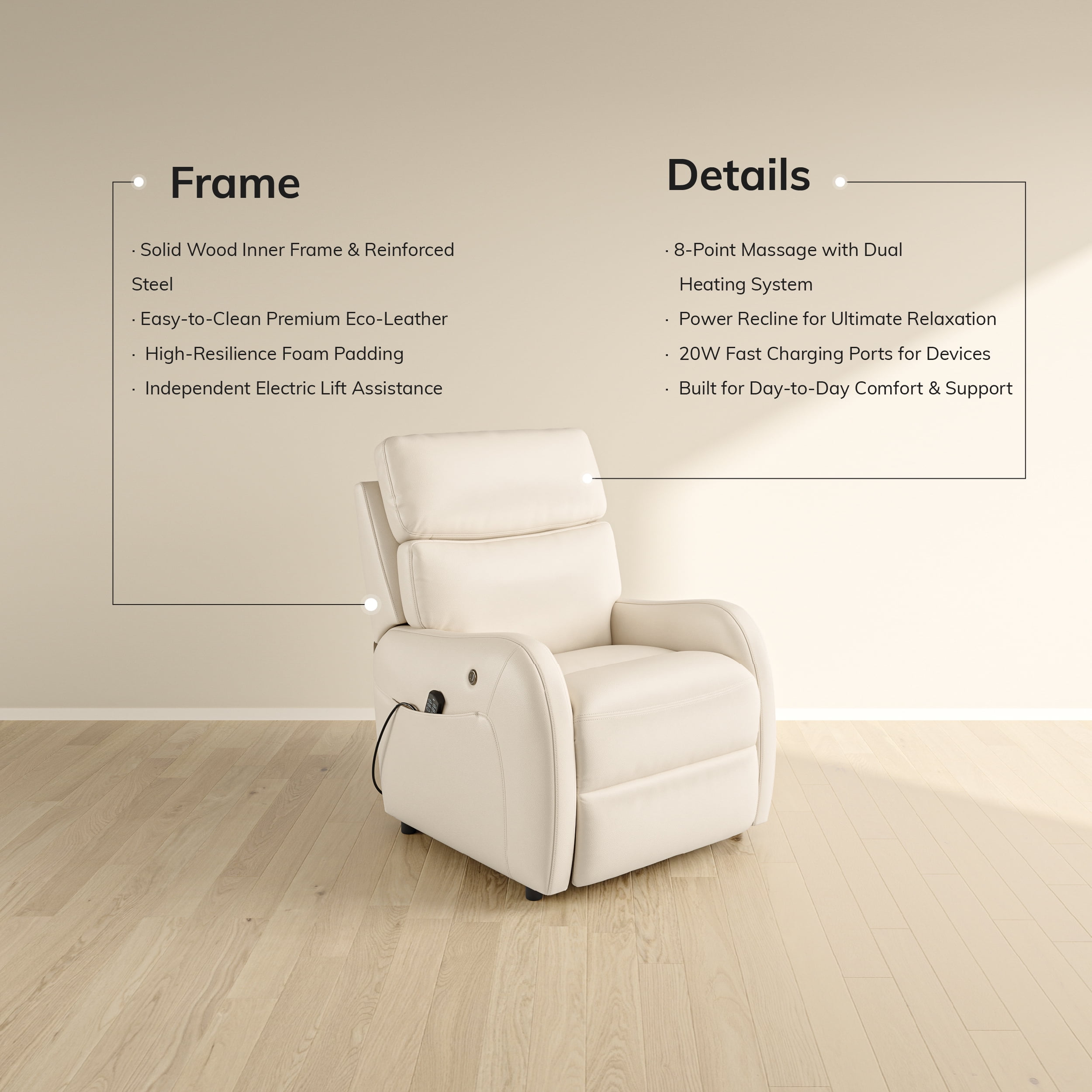 COLAMY Ascend Dual Motor Power Lift Recliner Chair with Massage and Heat for Elderly People, USB Charging Ports, Beige