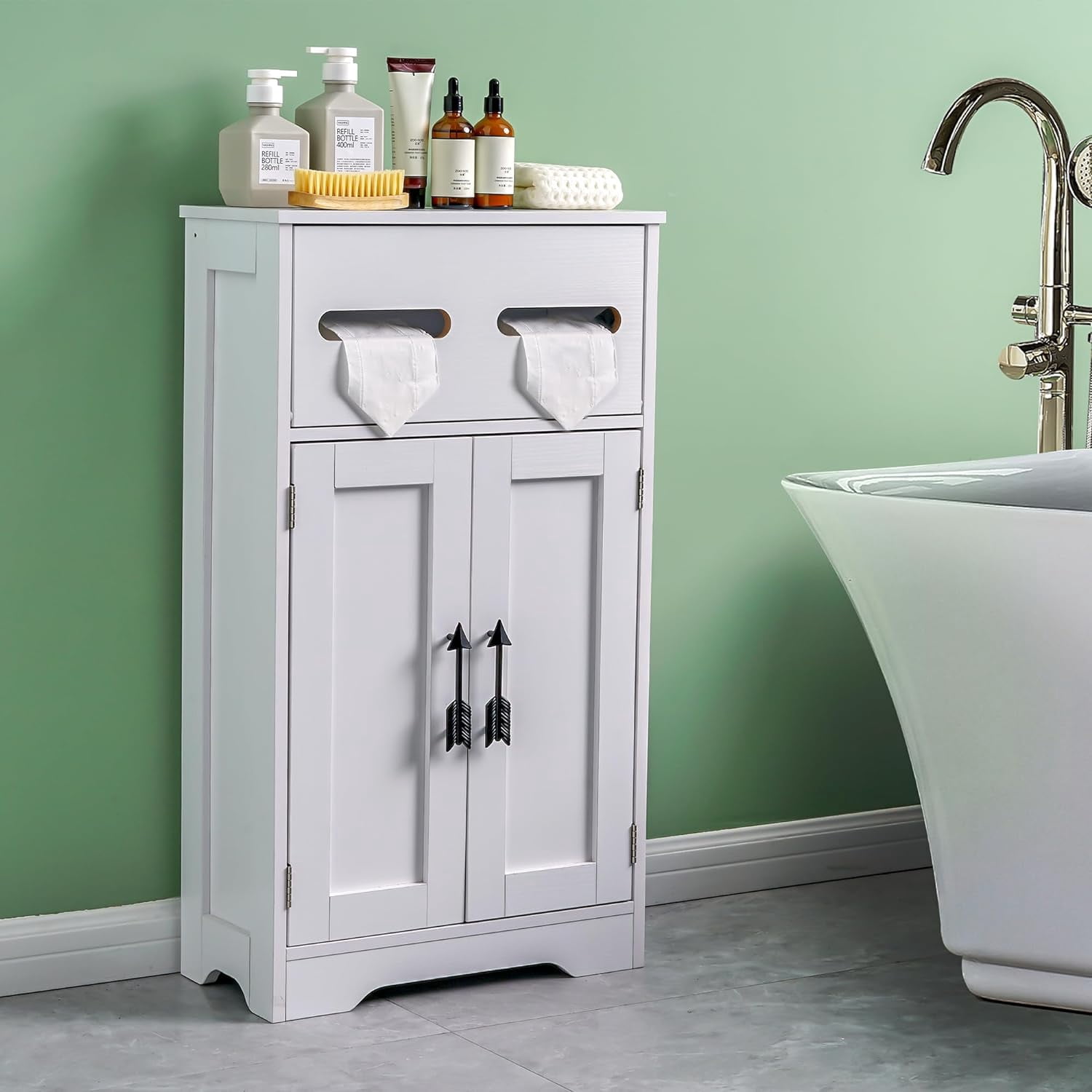 VECELO Bathroom Storage Cabinet, Wooden Floor Cabinet with 2 Doors & Toilet Paper Storage, Accent Cabinet for Living Room,Bedroom, Kitchen, White