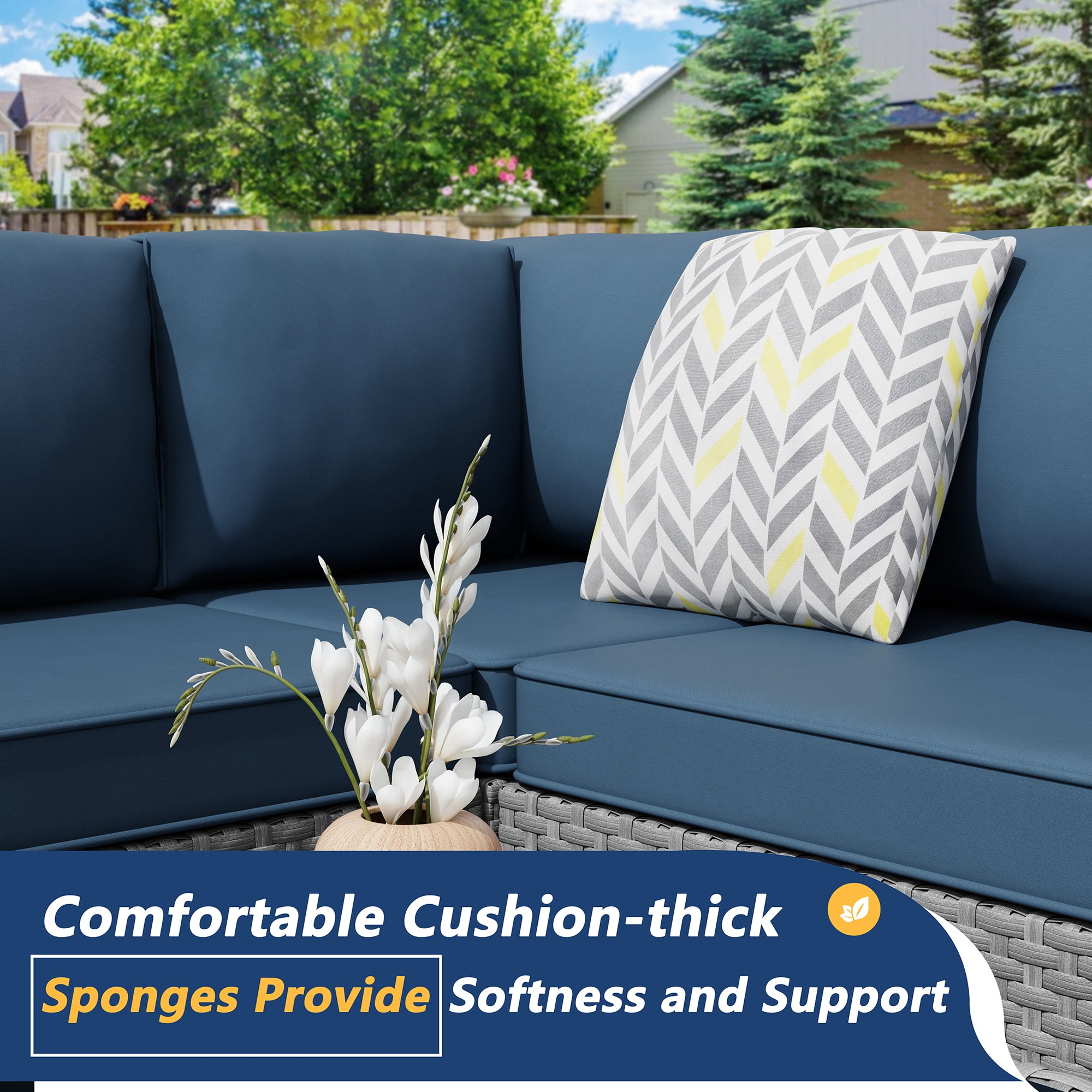 Walsunny 7 Piece Outdoor Patio Furniture Set, All-Weather PE Rattan Wicker Modular Sectional Conversation Sofa Set with Thick Cushions & Glass Coffee Table for Backyard, Poolside, Garden, Aegean Blue