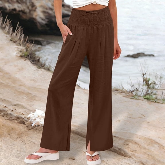 Mifsaly Cotton Linen Pants Women High Waisted Wide Leg Trousers Pleated Side Slits Elastic Waistband Casual Summer Vacation Boho Clothes with Pockets M