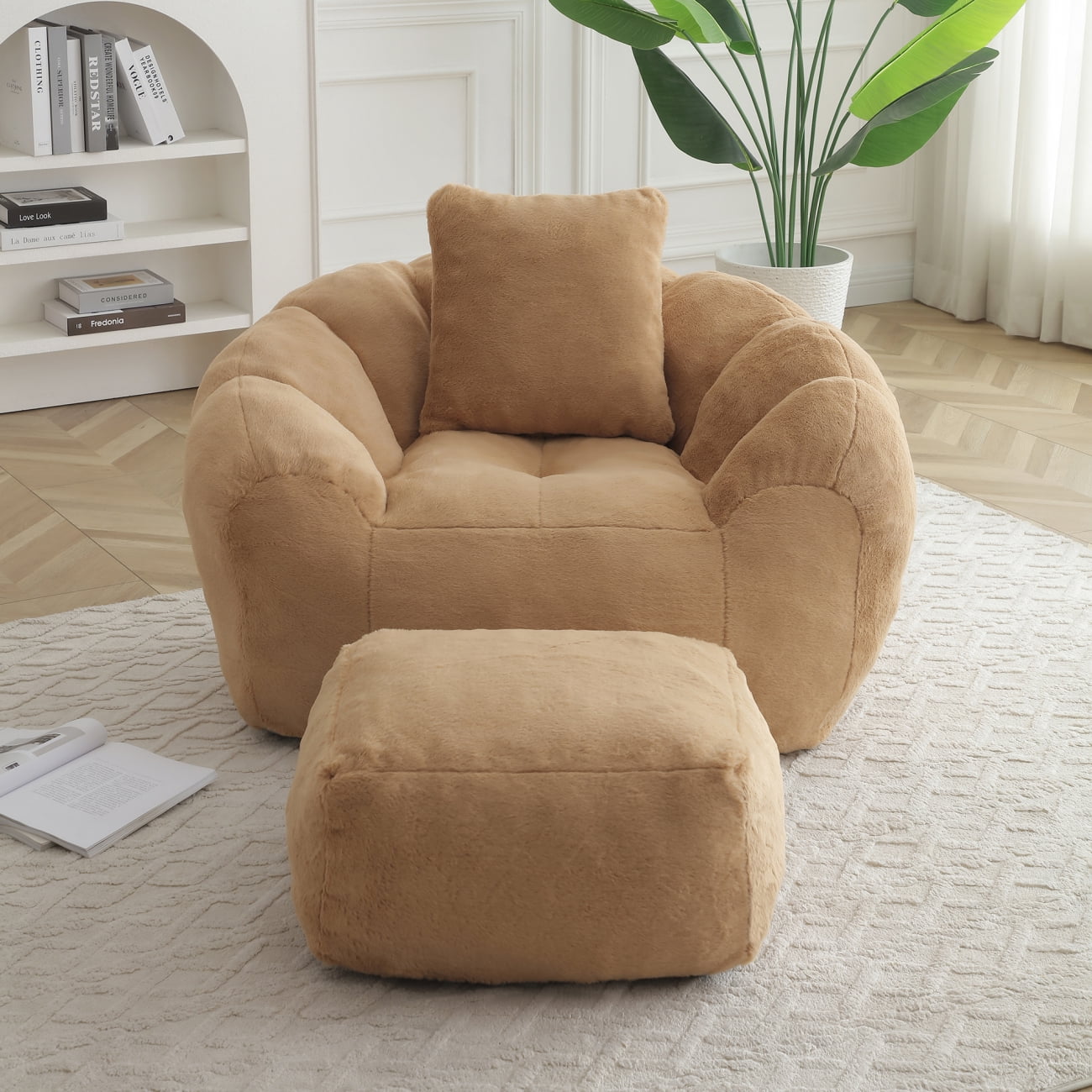 Gaint Bean Bag Chair with Ottoman, Comfy Faux Fur Armchair for Adults and Teens, Shell-Shaped Reading Chair Floor Sofa for Living Room, Khaki