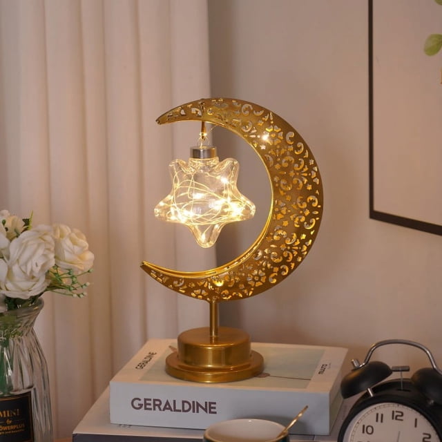 Luna y estrellas - Lámpara LED de hierro con forma de luna, lámpara de orbe, lámpara de estrellas y luna, lámpara decorativa navideña, lámpara de mesa para dormitorio, lámpara que modela el estado de
