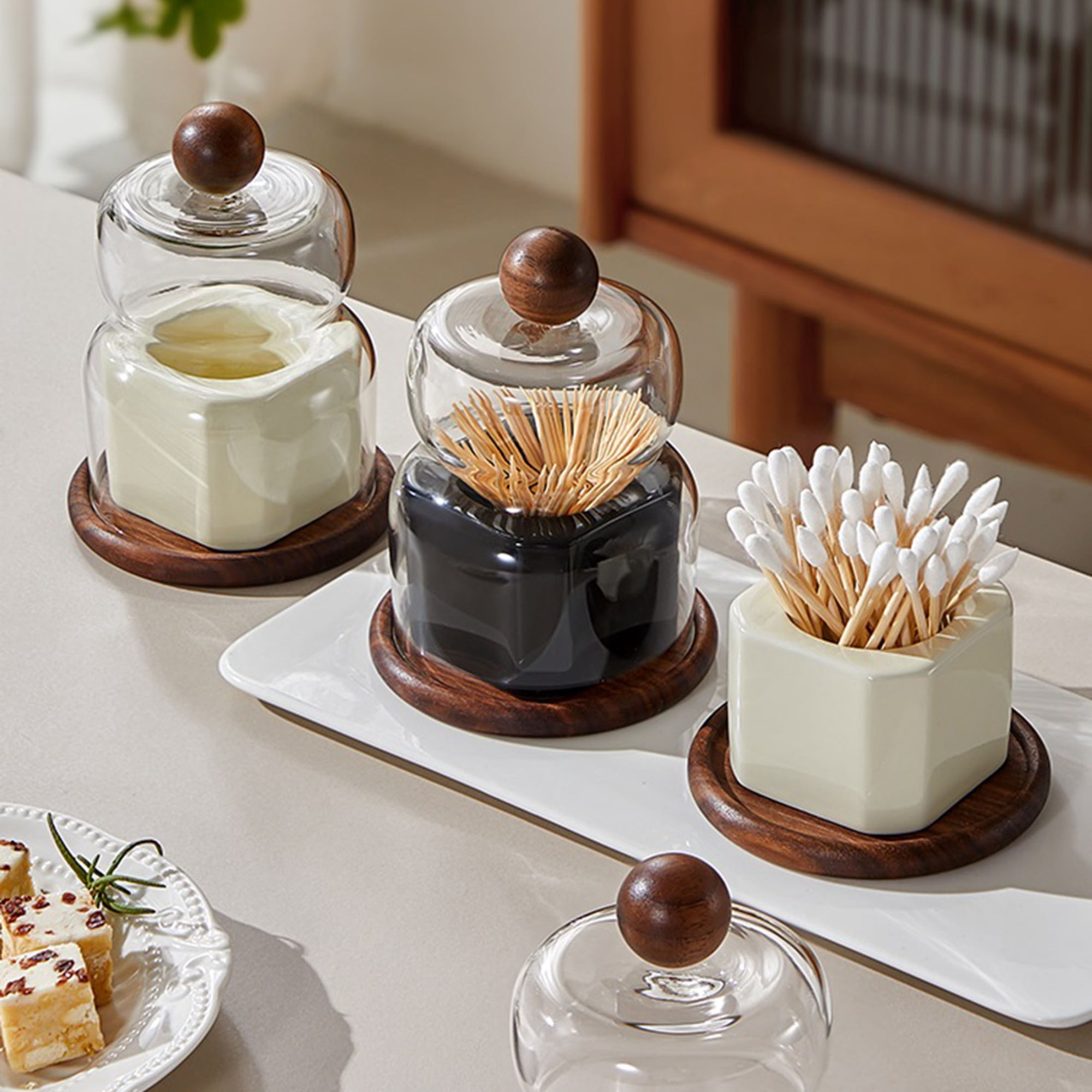 Toothpick Dispenser, Vintage Walnut Ceramic Toothpick Holder Floss Holder Cotton Swab Organiser
