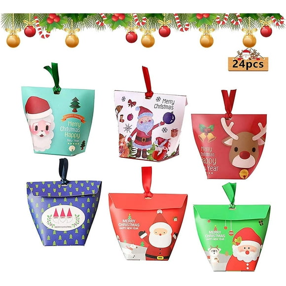 24 Pcs Boîte à Bonbons de Noël, Boîtes Cadeaux Décoratives de Noël, Sacs Cadeaux de Noël, Sacs Cadeaux kraft, Boîtes Cadeaux de Noël (a)