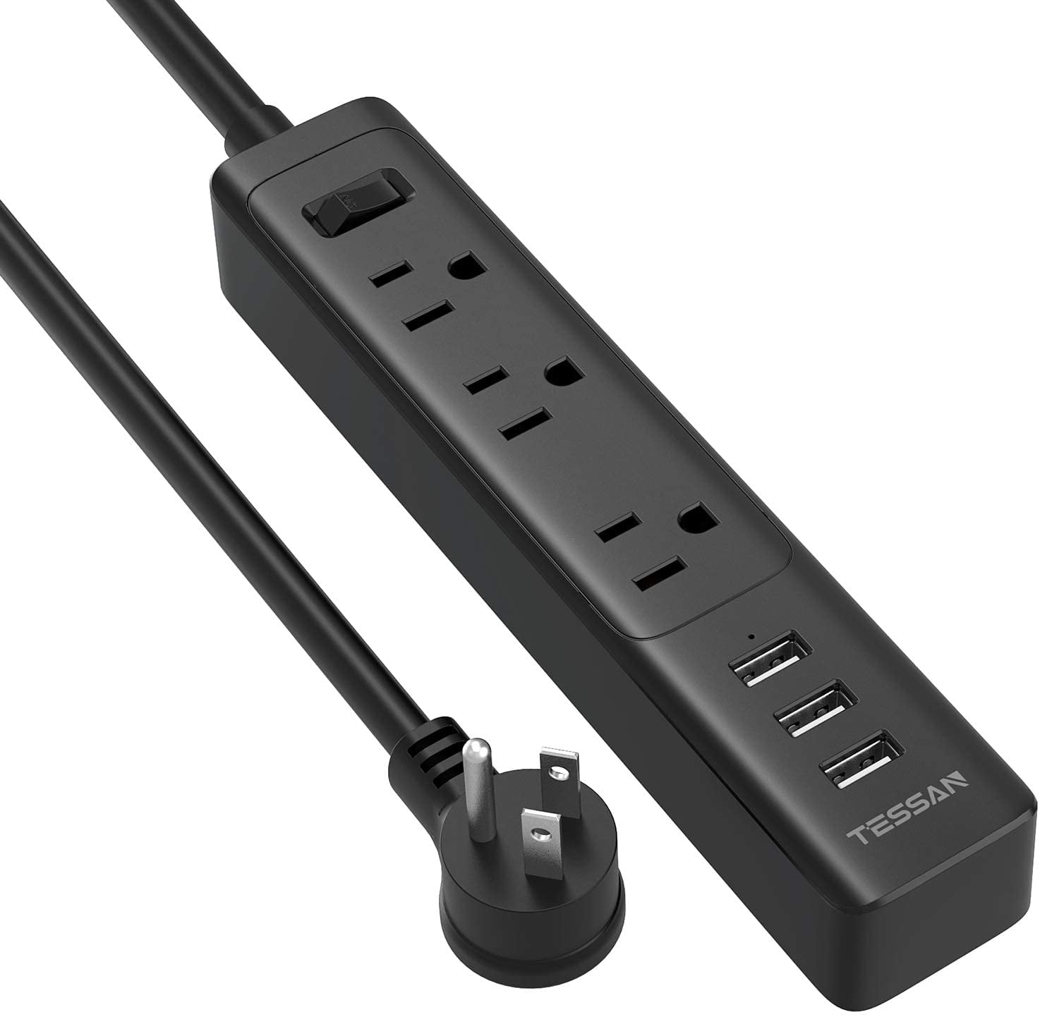 Multi Outlets Flat Plug Power Strip With 5ft Extension Cord 3 USB Charger Ports 