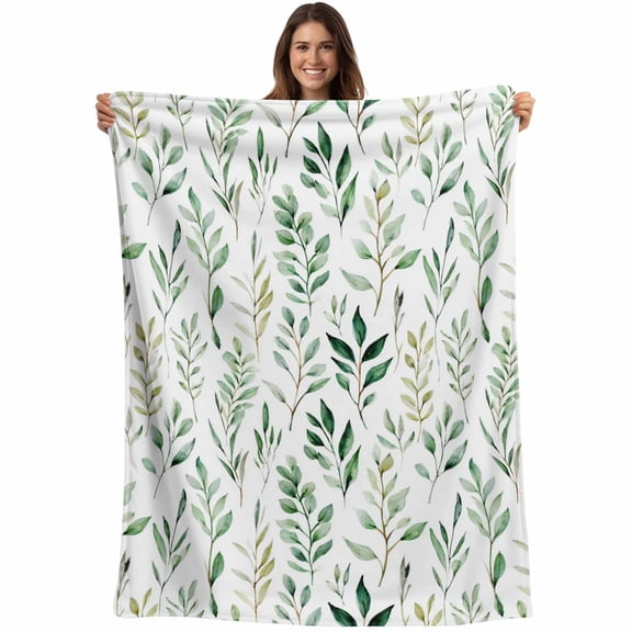 Flannel Fleece Throw Blanket Green Botanical Leaves on White Lightweight Soft Plush Blankets,Watercolor Foliage Plant Cozy Warm Throw Blanket for Couch Sofa Bed Car Office 40x50in