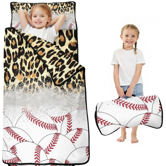 Leopard Print and Baseballs Pattern Toddler Nap Mats for Kids Preschool,Sleeping Mat Bag or Kids,Toddler Sleeping Bag,Toddler Nap Mat or Daycare