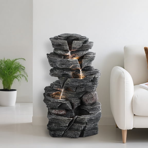Hyasfey Cascading Rock Water Fountain, Outdoor Water Fountain with LED Warm Light, Outside Patio Water Features Fountain