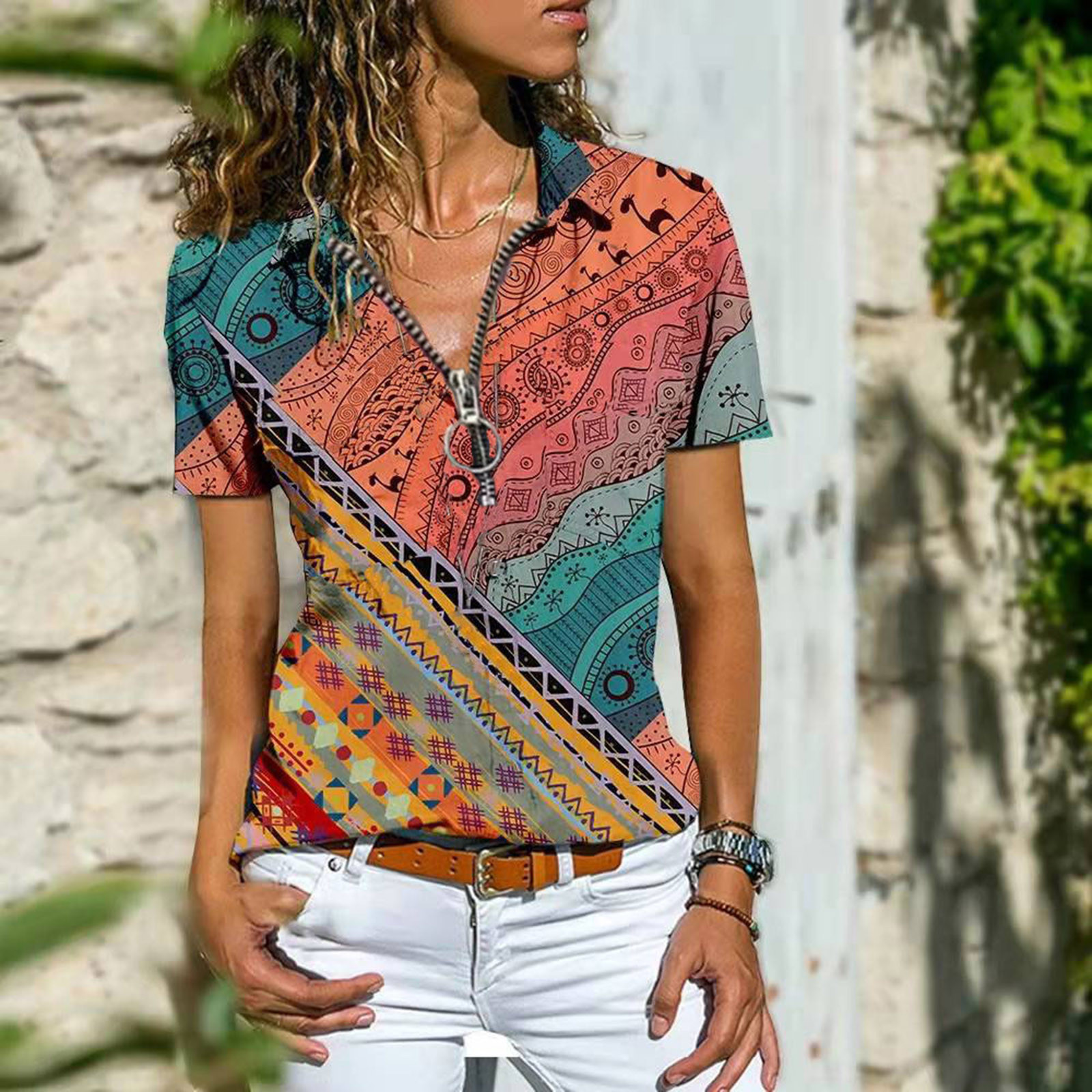 Women 2022 Summer T Shirt Zip up Tops Western Shirts Casual Tee Vintage  Country Graphic Short Sleeve V Neck