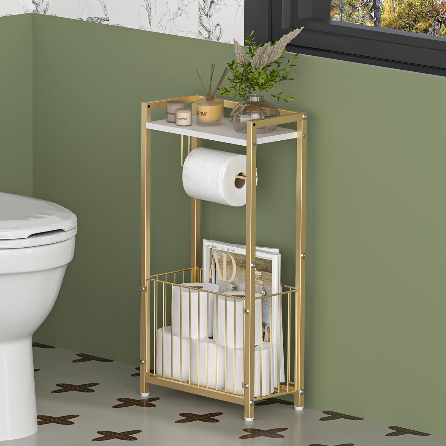Freestanding Toilet Paper Holder with Storage Shelf - Gold Metal Frame Organizer for Bathroom Tissues and