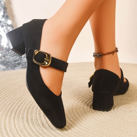 Women Chunky High Heel Shoes Mary Jane Shoes Summer Versatile Square Toe Ankle Strap Block Heel Buckle Office Work Wedding Comfortable Flats Black 8.5