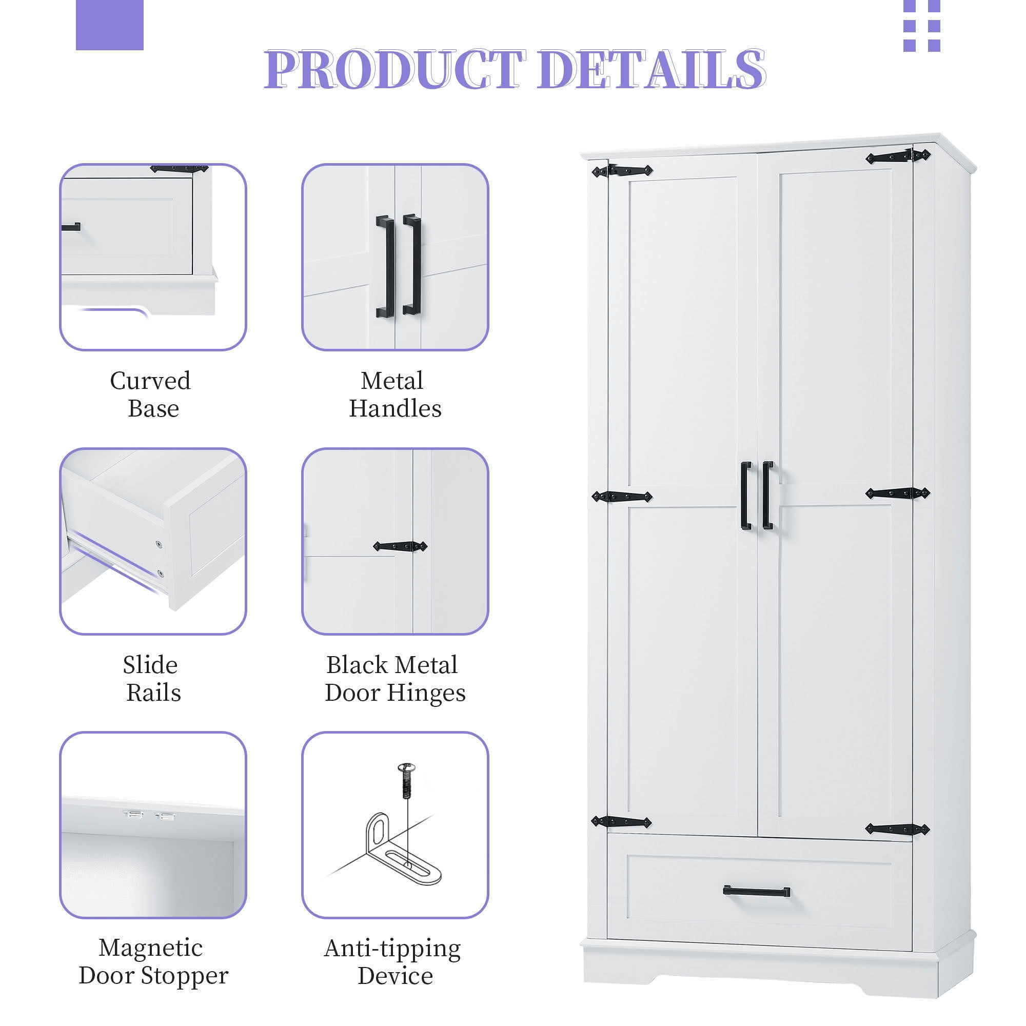 MAYEERTY Tall Bathroom Cabinet 2 Doors 1 Drawer Adjustable Shelf MDF White