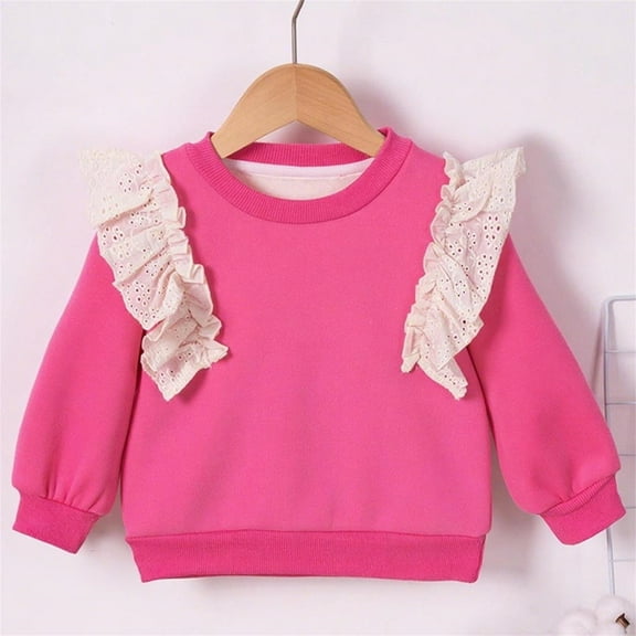 Viluyesy Girls Fleece Sweatshirt 6 T, Cute Lace Ruffles Crew Neck Long Sleeve Casual Fashion Clothes Hot Pink(0-6T)