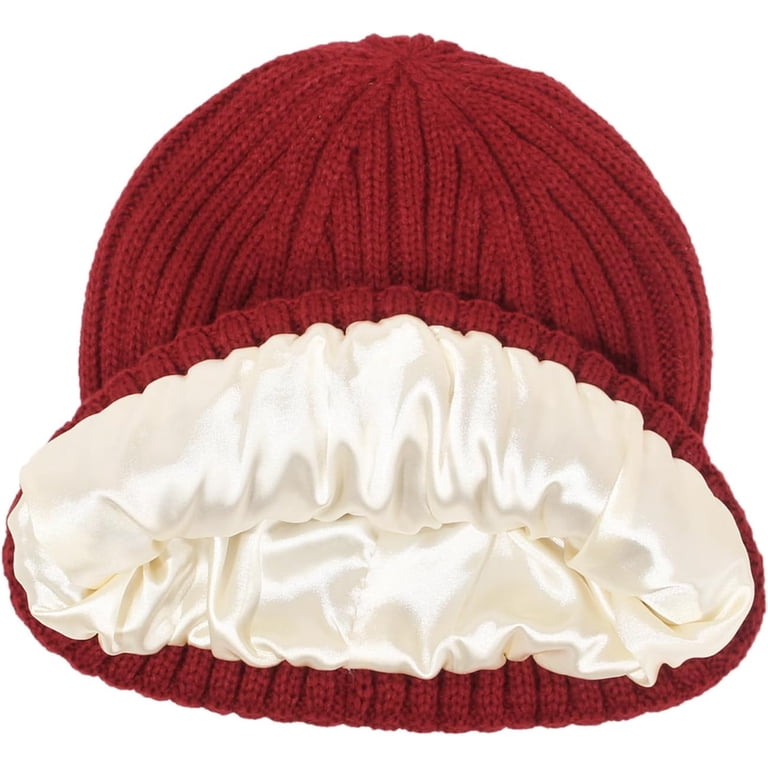 Womens Satin Lined Knit Beanie Hat Winter Warm Cuffed 