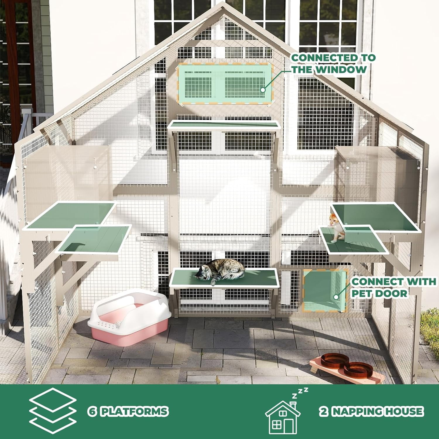 Petsblublu 71" H Cat Catio Outdoor Cat Enclosure Large Cat House with 2 Condos, 6 Platforms