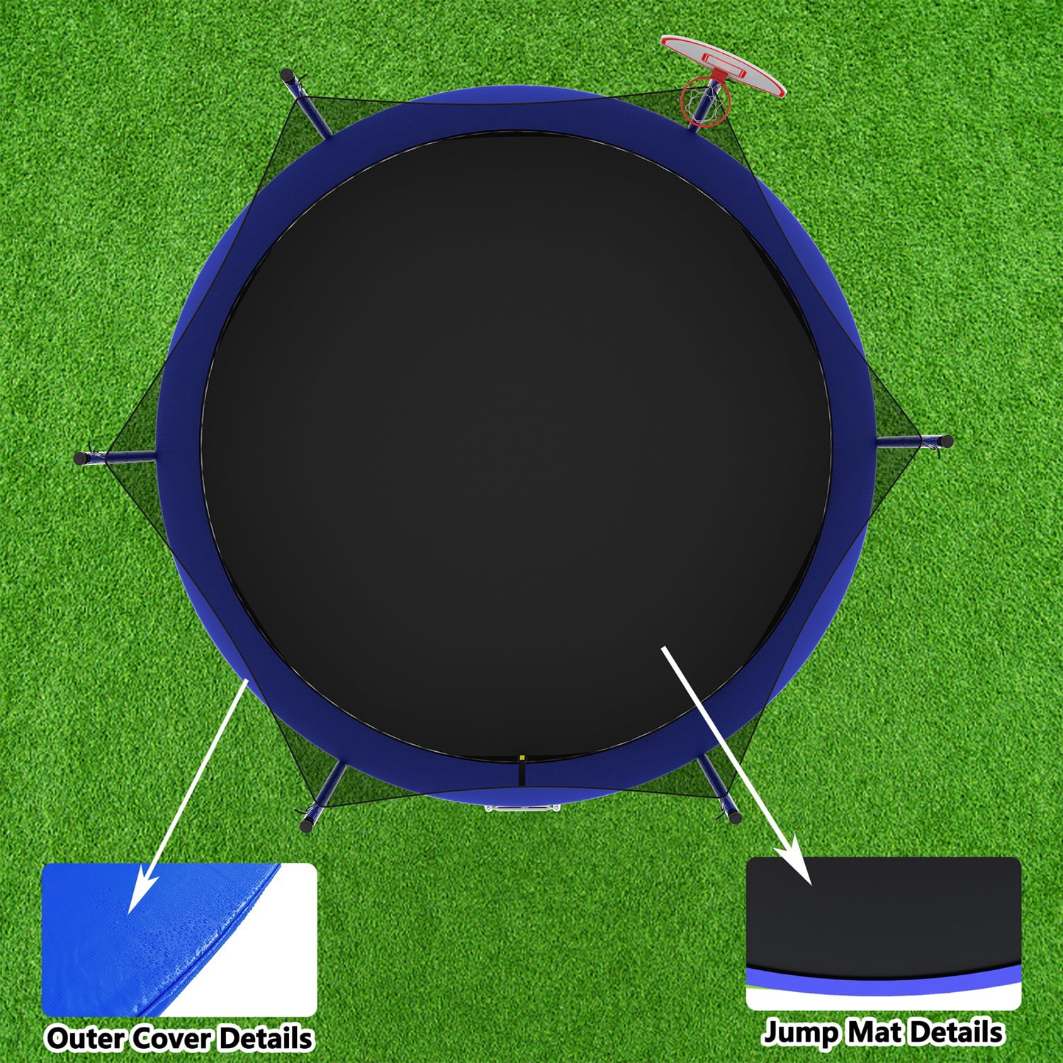 Hommoo 14FT Trampoline for Kids, Outdoor Backyards Large Recreational Trampoline with Basketball Hoop and Ladder, Safety Enclosure Net, Blue
