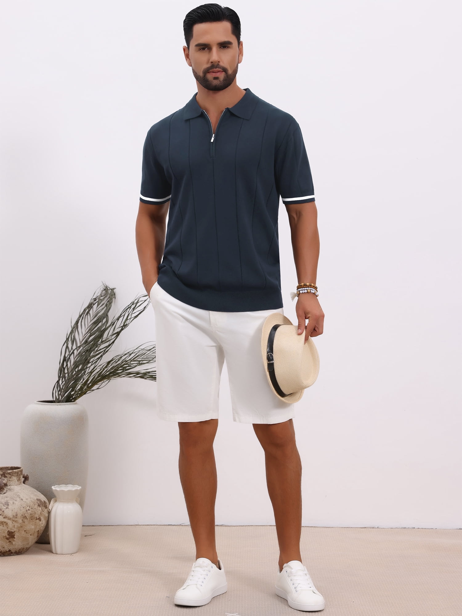 DARING DIVA Men's Textured Zip Up Ribbed Hem Short Sleeve Golf Polo Shirts M Navy Blue