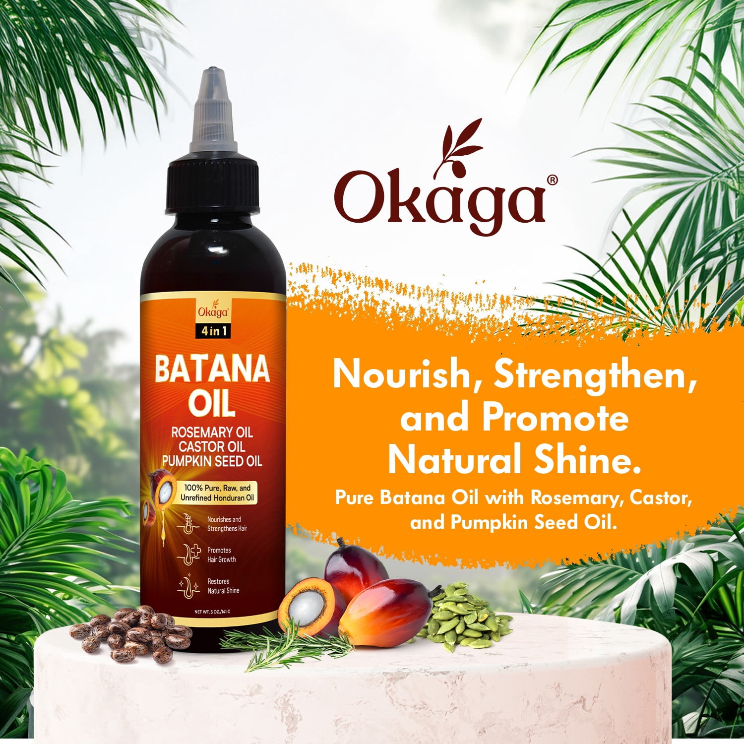 Okaga Batana Oil for Hair Growth with Rosemary, Castor, and Pumpkin Seed Oils, 100% Pure Unrefined Honduran Formula, Strengthens, Nourishes, Revives Scalp & Strands, Natural Care for All Types (5oz)