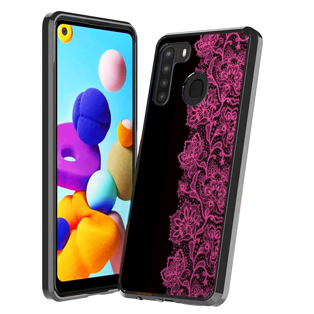 Capsule Case Compatible with Galaxy A21 [Cute Fusion Gel Slim Fit Heavy Duty Men Women Girly Design Protective Black Case Phone Cover] for Samsung Galaxy A21 SM-A215U (Pink Lace)