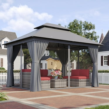 Sunmthink Outdoor Gazebo for Patio 10x12, Metal Frame Canopy with Double Roofs, Heavy Duty Party Tent and Shelter with Mosquito Netting and Privacy Screen for Backyard,Garden,Deck (Gray)