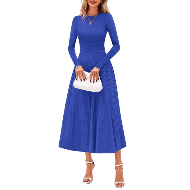 Vestido PRETTYGARDEN 2025 de punto con manga larga, línea A, midi, azul, talla L