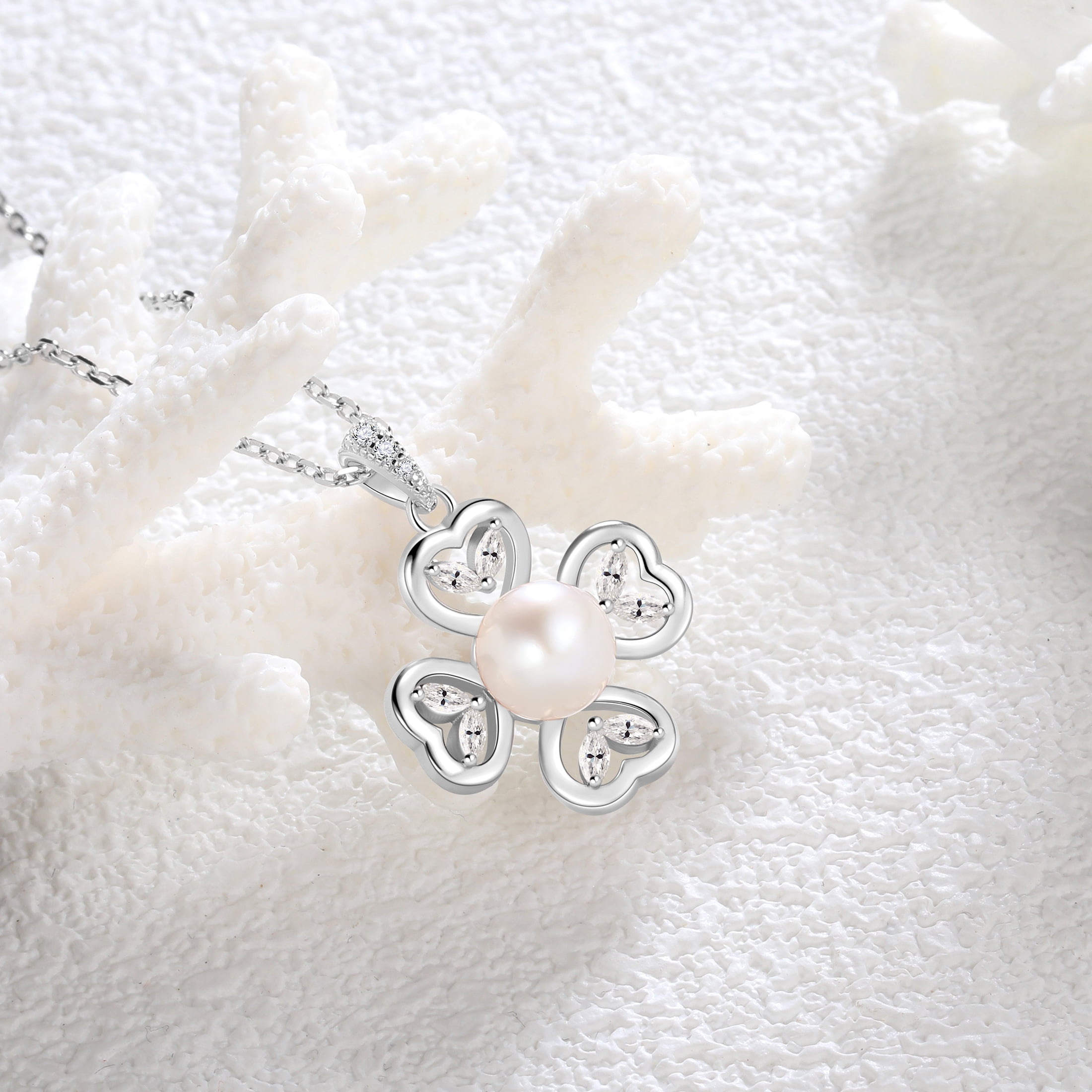 Fasjewly 925 Sterling Silver Heart Clover Pearl Necklace, Natural 7mm Pearl Pendant Jewelry Gift for Women, Birthday Anniversary Christmas Gift for Mom/Wife