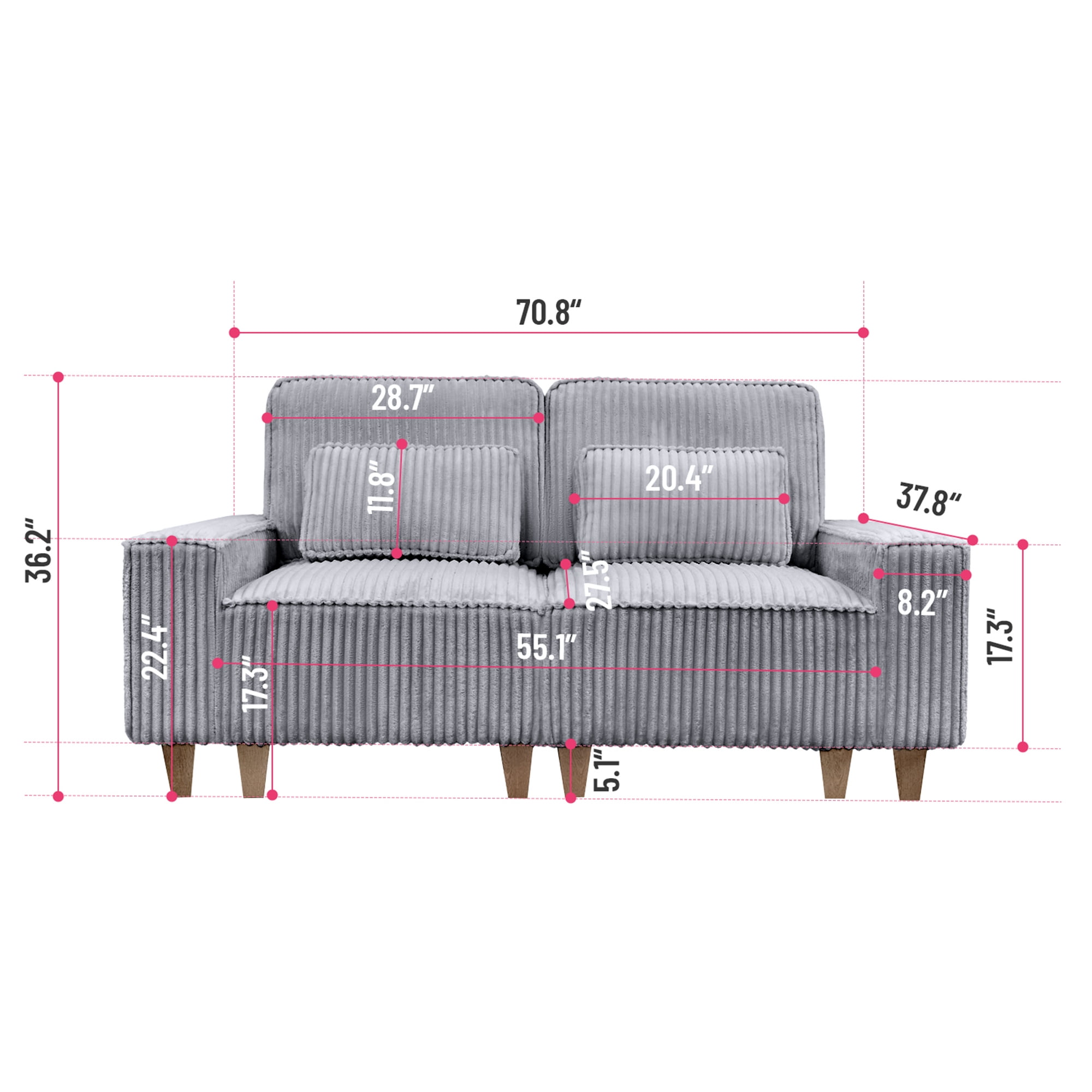 Aukfa 3 Piece Sofa Set - 71" Deep Seat Couch Loveseat Couch w/ Cup Holders&Pillows, Solid Wood Legs, Gray