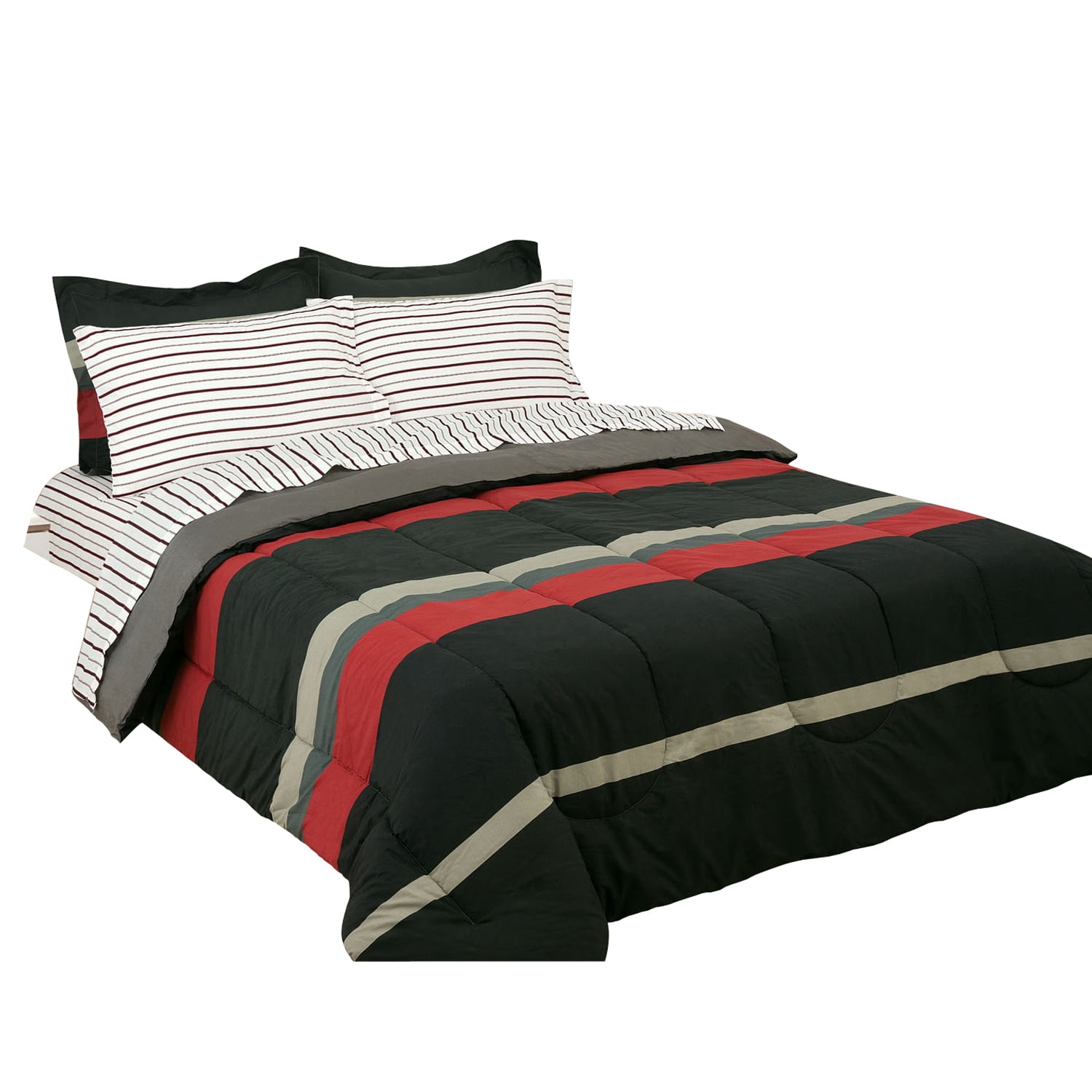 Full Comforter Set, Rugby Stripe Red Reversible Bed in a Bag