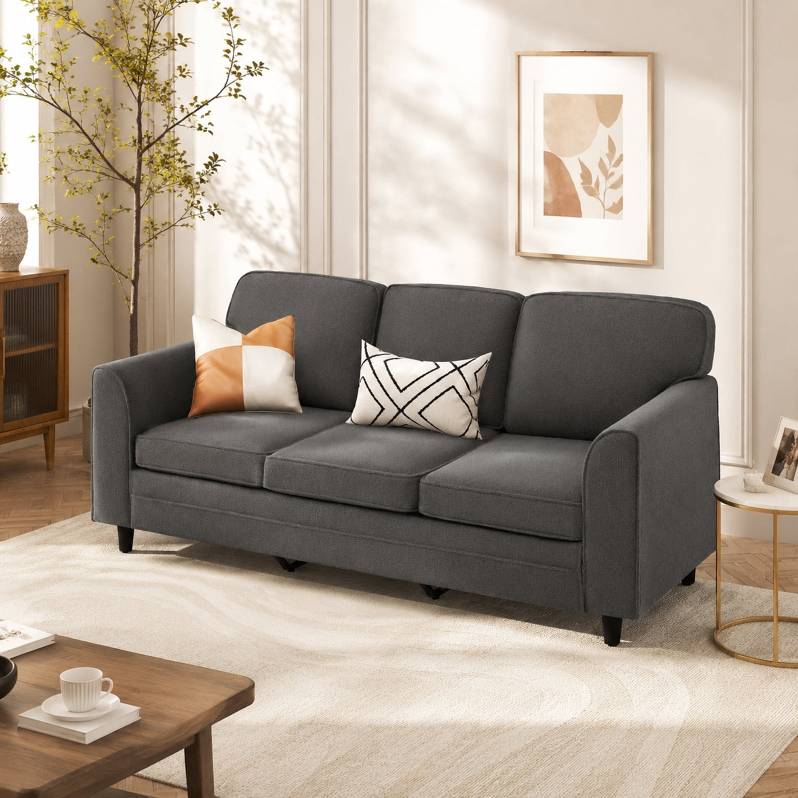 Furnibear Upholstered Teddy Velvet 3-Seat Sofa with Comfy Back Pillows for Living Room Apartment Lounge Family Room Home Seating, Gray