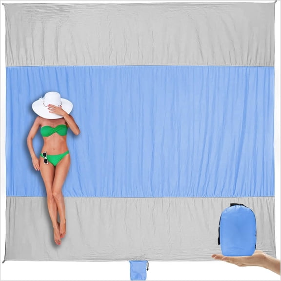 Sandproof Waterproof Beach Blanket 7x7 FT, Extra Large Oversized Beach Mat, Quick Drying Sand Free for Vacation, Cruise, Picnic & Camping with Stakes - Blue