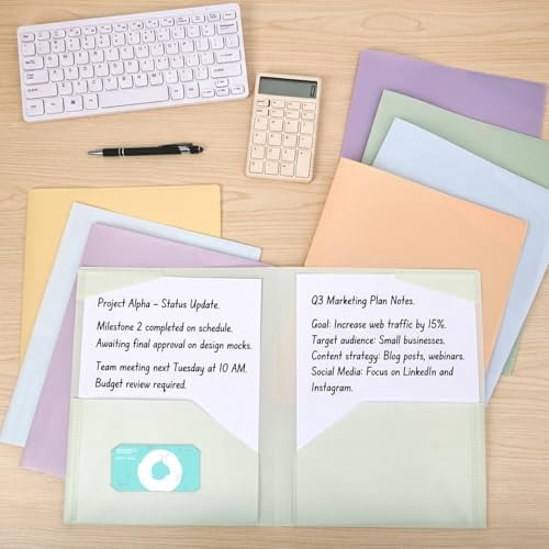 Quivanta 32pcs Plastic Folders with Pockets, Heavy Duty Pocket File Folders, 2 Pocket Folders with 2 Business Card Holder, 8 Colors, Letter Size, A4 Size, for Office School Filing Supplies