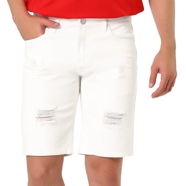 Pantalones cortos de mezclilla rasgados casuales para hombres Pantalones cortos de mezclilla con agujeros desgastados hasta la rodilla blanco 34 Unique Bargains Pantalones