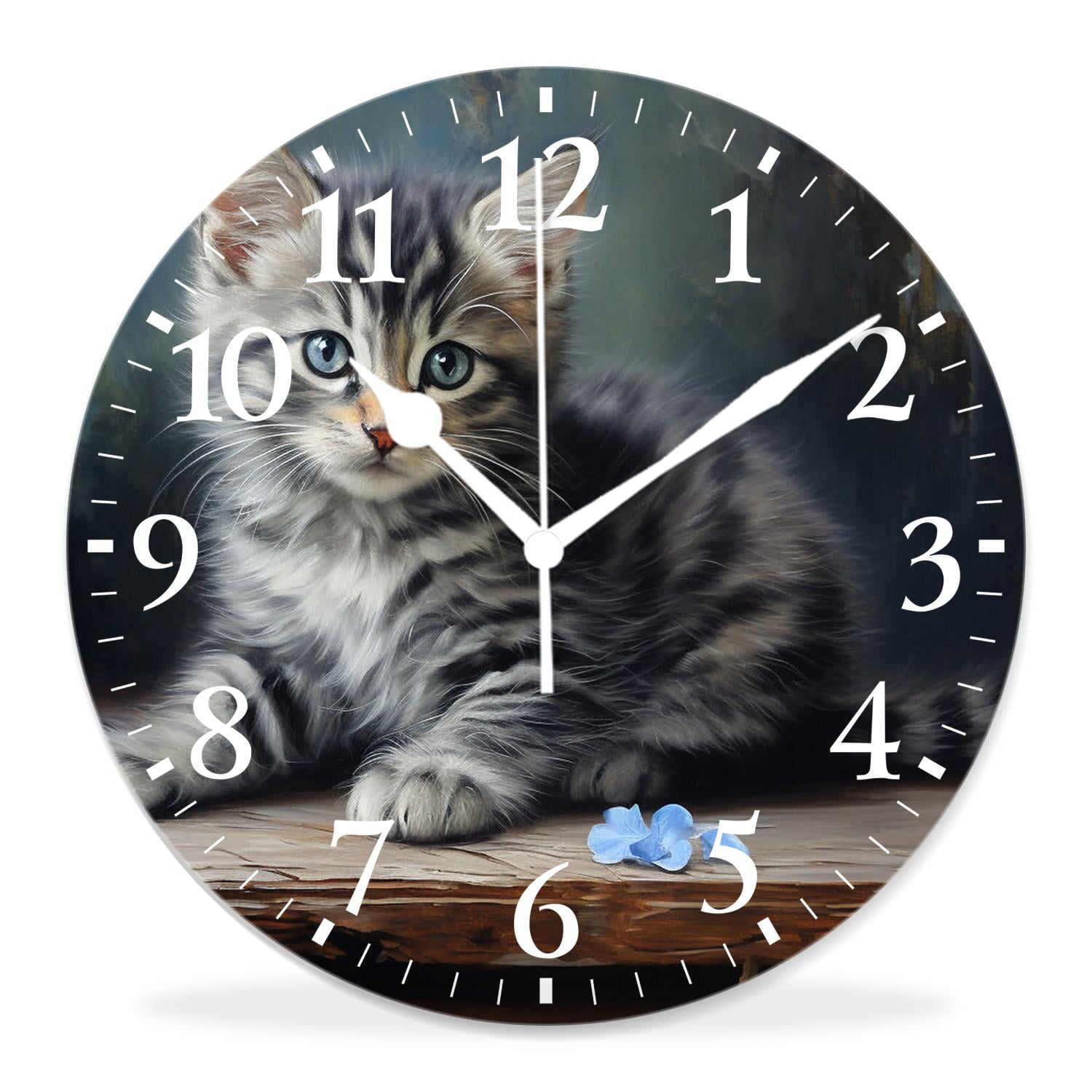 12 Inch Wall Clock Battery Operated Silent Clock Decorative for Office, Kitchen, Outdoor, Living Room，Black Cat Cute American Cat Kitten Animal Glowing Eyes Elegant