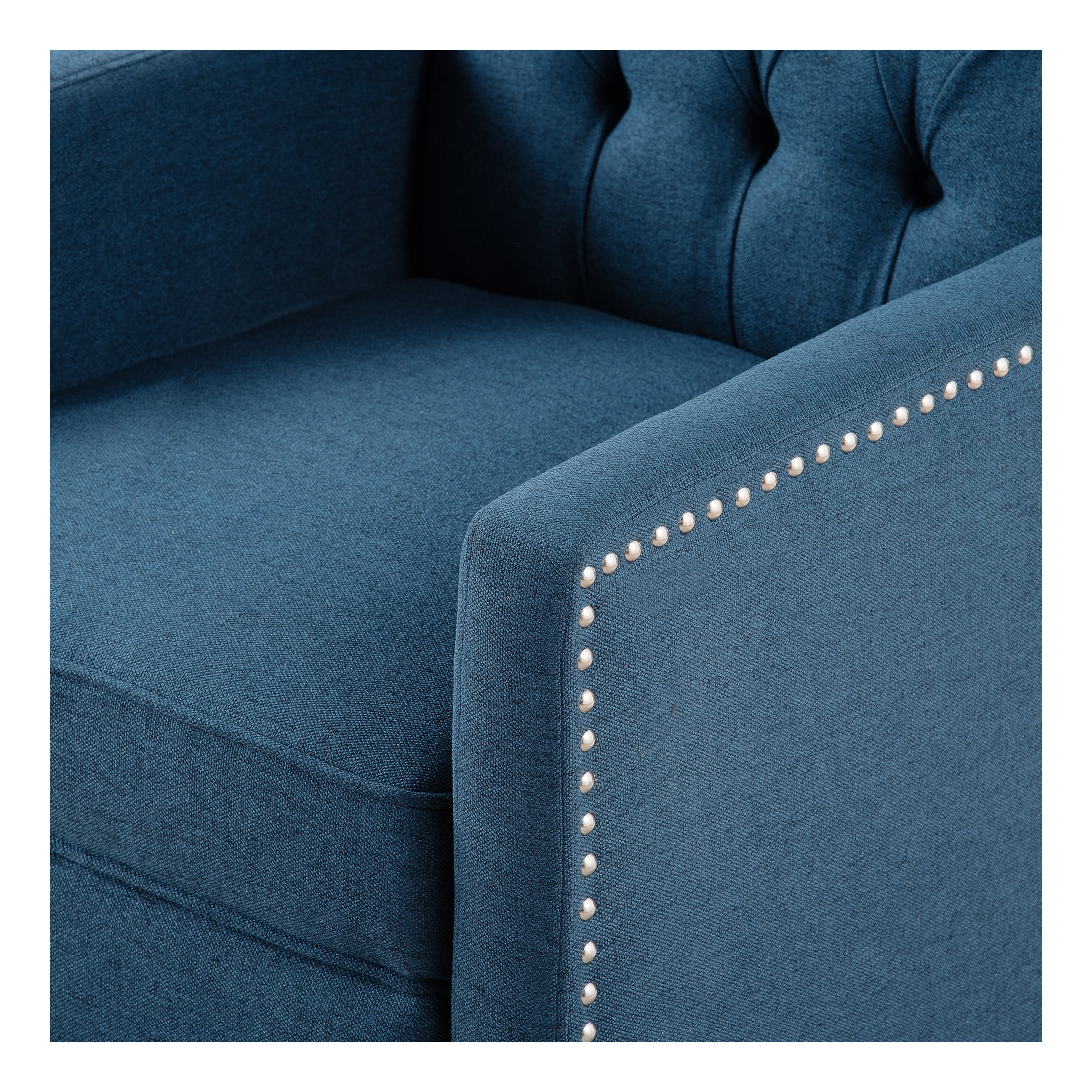 Josephine High-Back Fabric Upholstered Accent Chair with Button Tufting and Silver Trim, Solid Wood Leg, Blue
