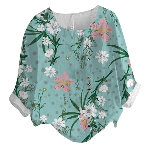 Blusa de manga larga con estampado de cuello redondo informal para mujer a la moda, Tops con botones de otoño Fridja fjkfkj256