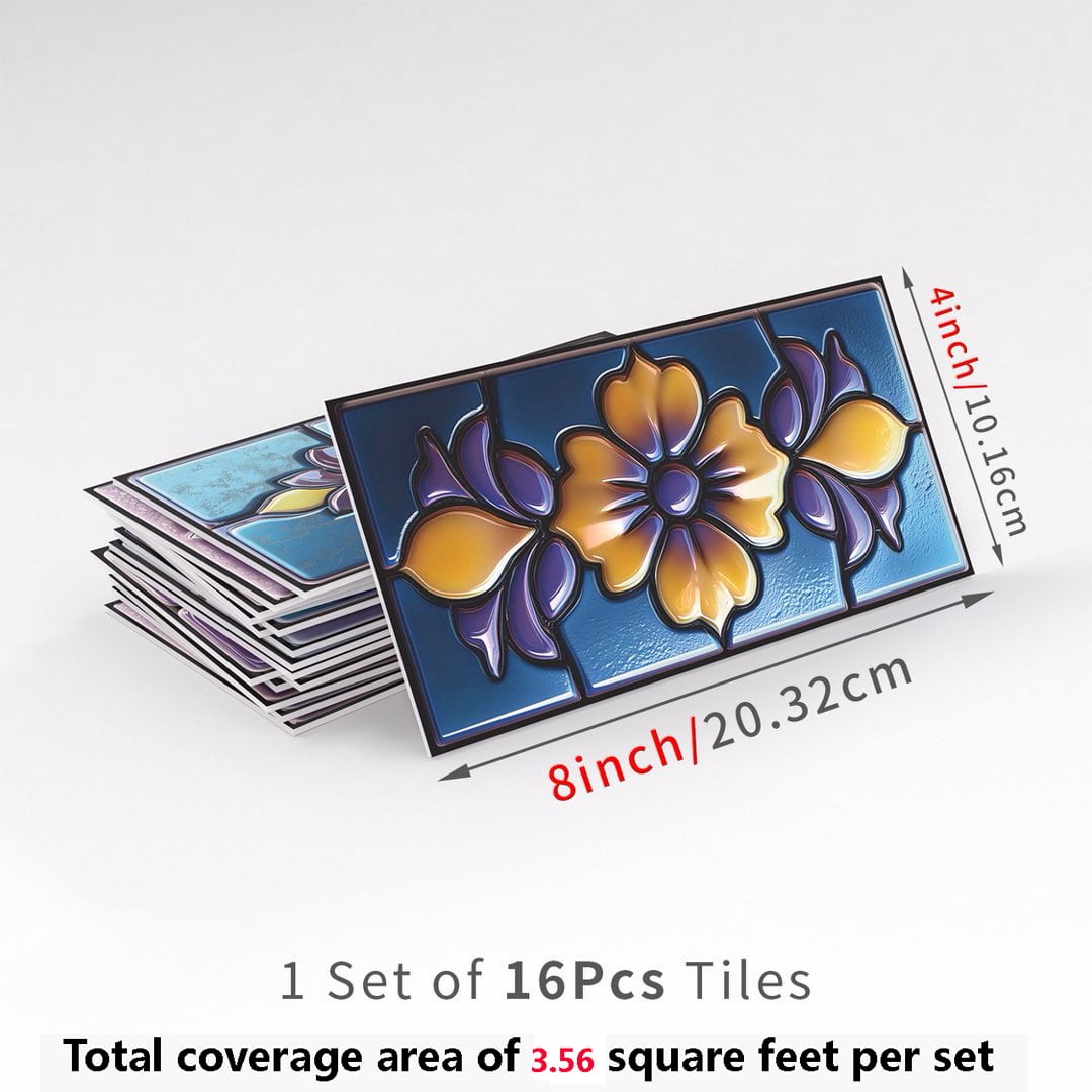 16 Pcs Foaming Board Vinyl Tiles Stickers Wall Decals 8" x 4" Purple Blue Yellow Flowers Pattern Mural Waterproof Peel and Stick Backsplash