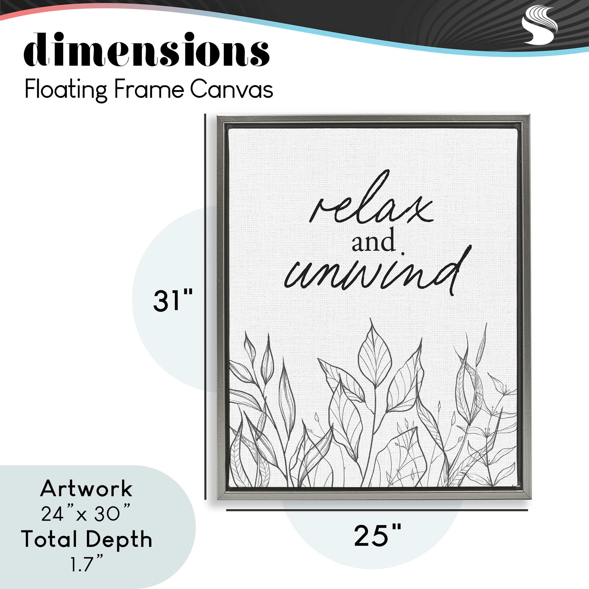 Relax Unwind Minimalist Leaves Gray Framed Floater Canvas Wall Art, design by Lettered and Lined