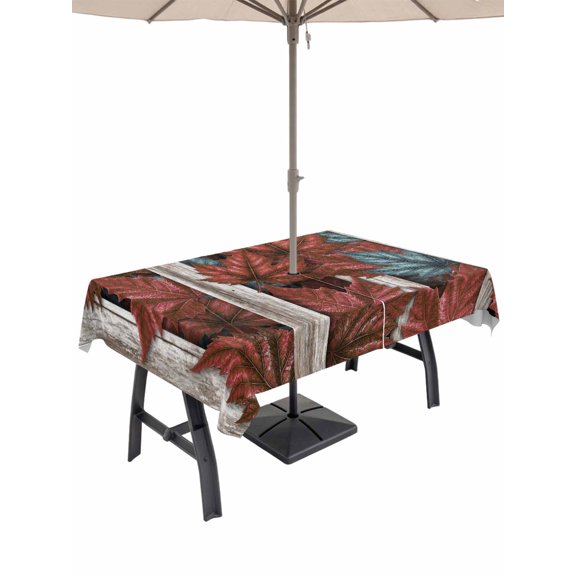 Outdoor Tablecloth with Umbrella Hole for Patio/Picnic/Party/Camping, Red Teal Botanical Waterproof Table Cloth Rectangle Table Cover Washable, Maple Leaf Vintage Wooden (60"x 120")