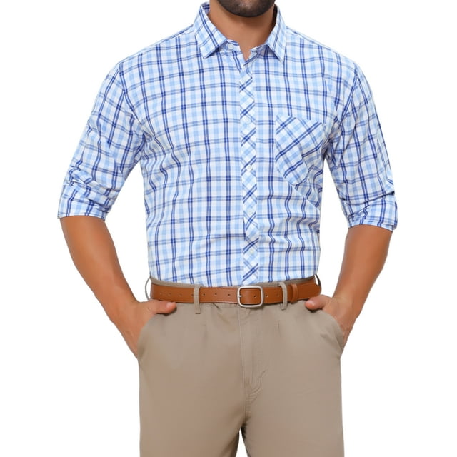 Camisa de vestir de manga larga a cuadros para hombre Inspire Chic, con cuello de punta, botón, camisa de cuadros XL blanca y azul