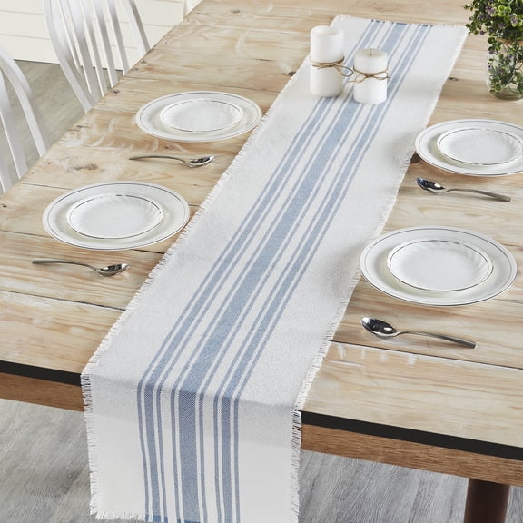 VHC Brands Antique White Stripe Farmhouse 12"x72" Table Runner Blue Recycled Plastic (PET) Striped Water-Resistant Rectangle Kitchen Table Decor