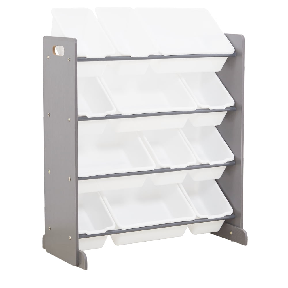 Private Jungle Grey/White Kids Toy Organizer with 12 Plastic Storage Bins,Toddler
