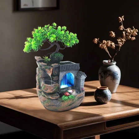 LED Desktop Water Fountain with Rockery Landscape, Resin Material, Soothing Waterfall Sound, Indoor Tabletop Garden Decor with Colorful LED Lights