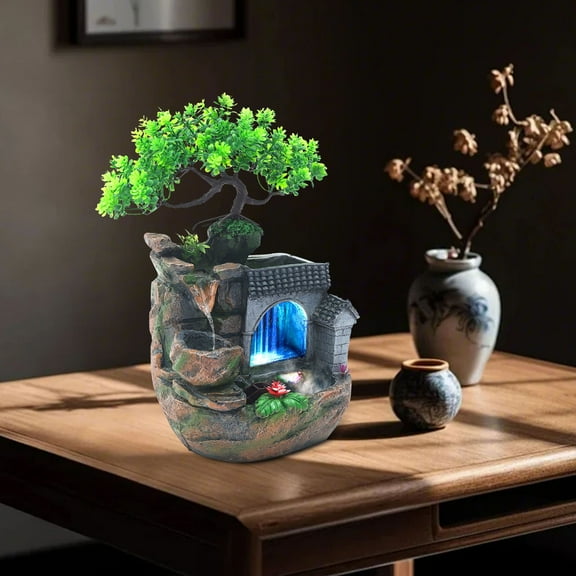 LED Desktop Water Fountain with Rockery Landscape, Resin Material, Soothing Waterfall Sound, Indoor Tabletop Garden Decor with Colorful LED Lights