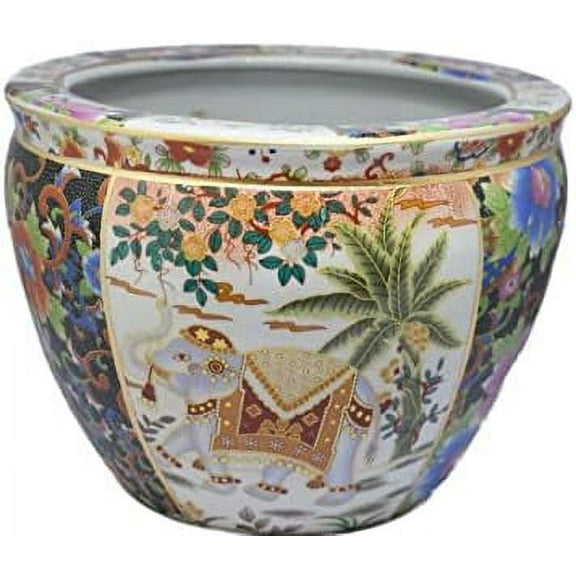 New 10" Oriental Asian Elephant Themed Fish Bowl Jardiniere Planter Plant Pot