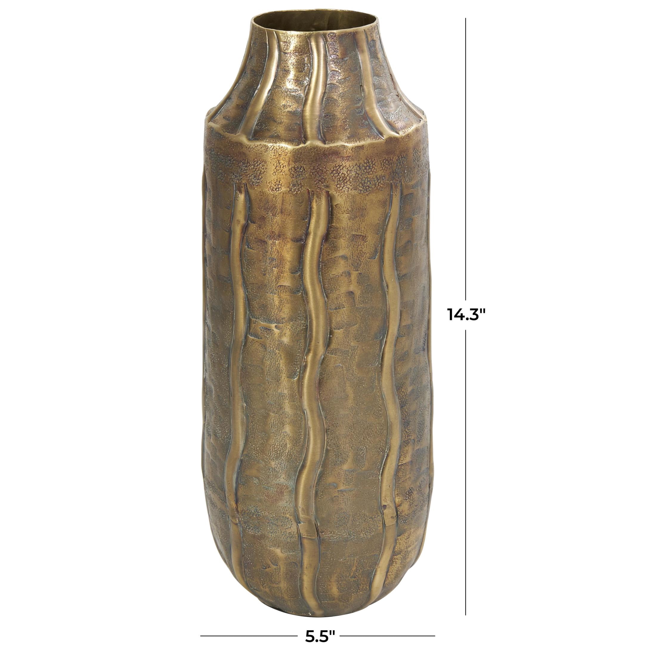 DecMode 14" Snakeskin Inspired Brass Metal Vase with Dimensional Wavy Accents