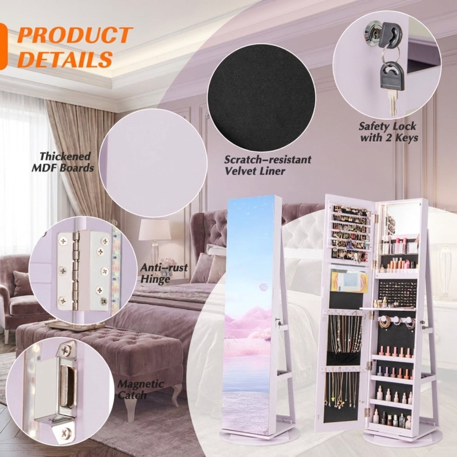 Furnibear 360° Rotating Mirrored Jewelry Cabinet Armoire 3 Color LED Modes Lockable for Bedroom Dressing Room Jewelry Necklace Rings Storage, White