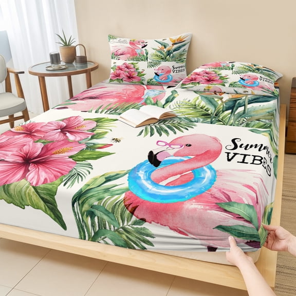 Full Size Fitted Sheet Set - Pink Flamingos 3 Piece Bedding Sets 16" Deep Pocket Fitted Sheet with 2 Pillowcases Summer Palm Leaf Tropical Botanical Brushed Microfiber Hotel Luxury Bed Sheets