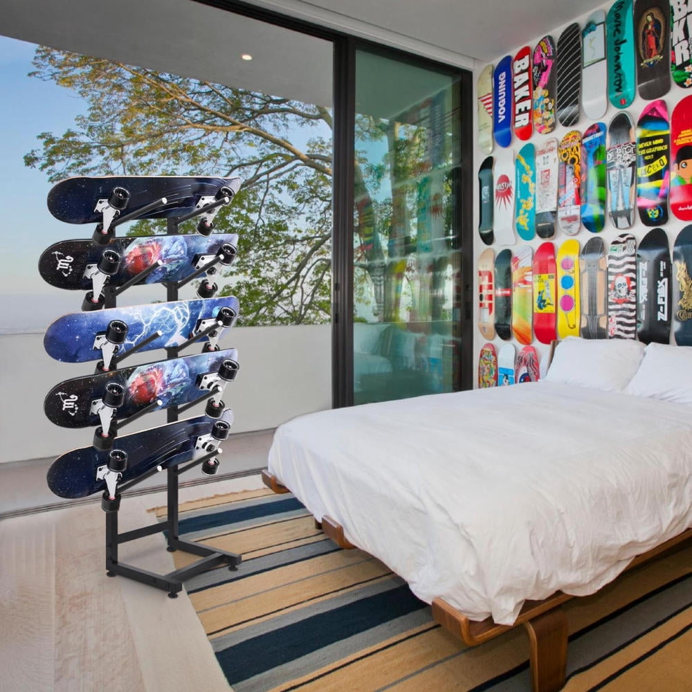 Fully assembled rack loaded with snowboards and skateboards on multiple tiers